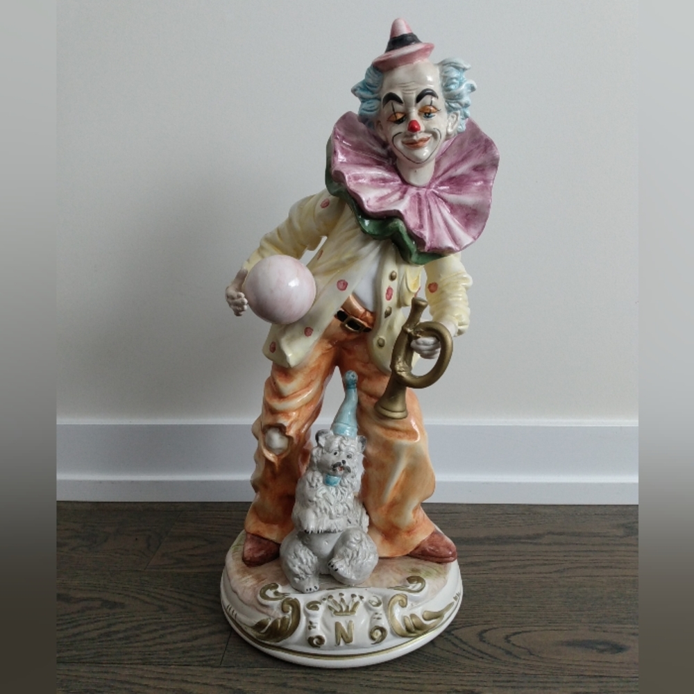 2Feet Capodimonte Clown & Dog Figurine Made in Italy Hand Painted Tall Horn Ball